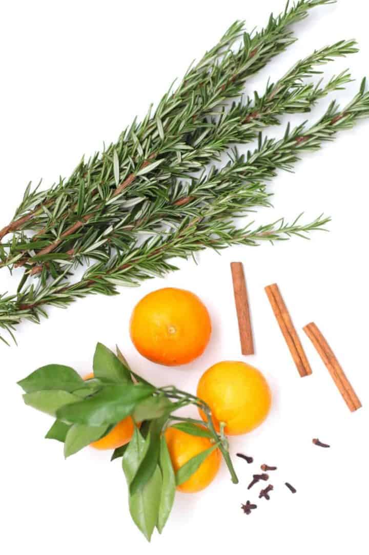 A glass spray bottle on a white background surrounded by oranges, rosemary cloves and cinnamon sticks