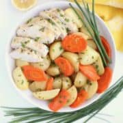 White bowl filled with sliced chicken breast, potatoes and carrots, with chives around the bowl