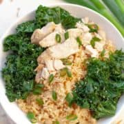White bowl filled with soy sauce rice, sliced chicken thighs, kale and green onions