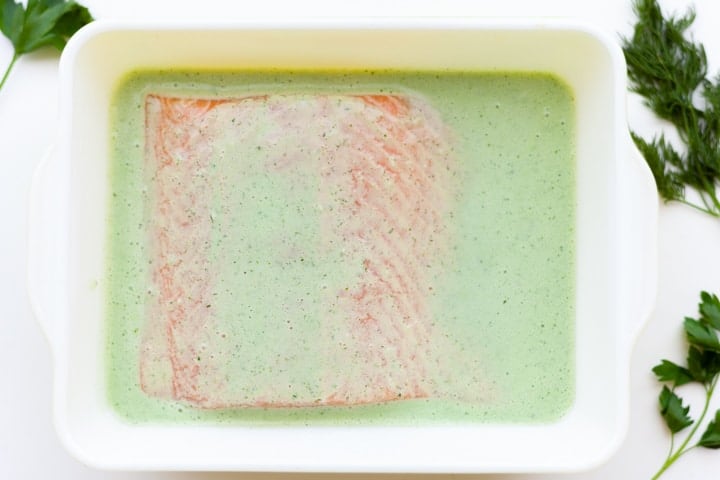 Raw fillet of salmon marinating in a green buttermilk dill marinade