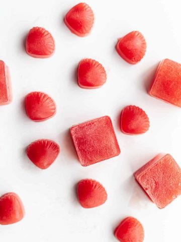 Bright red Frozen Watermelon and Coconut Water Ice Cubes in small square and sea shell shapes