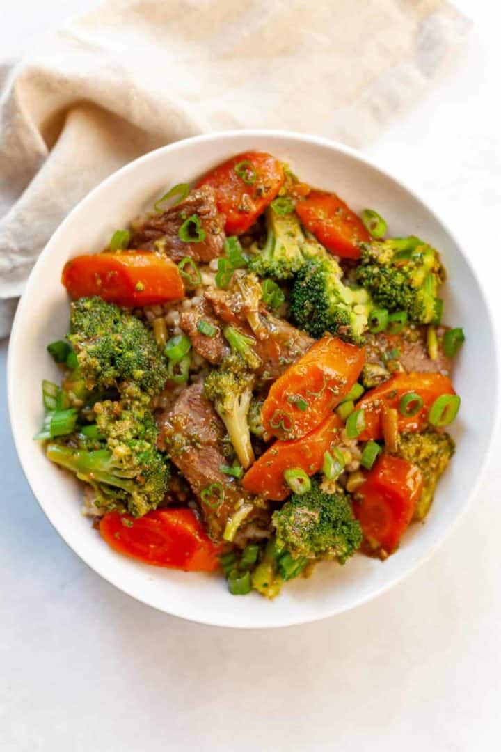 Crockpot Beef and Broccoli with carrots in a bowl