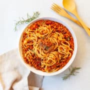 Bowl of spaghetti with lentil bolognese sauce