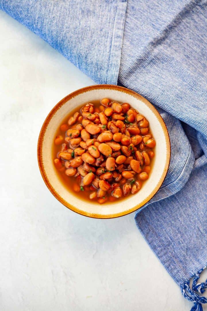 Cooked pinto beans in a small bowl