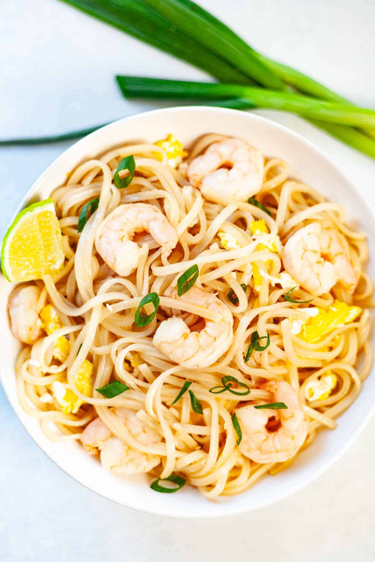 rice noodle stir-fried with egg and shrimp and topped with green onion