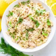 bowl of canned tuna, orzo, celery and dill