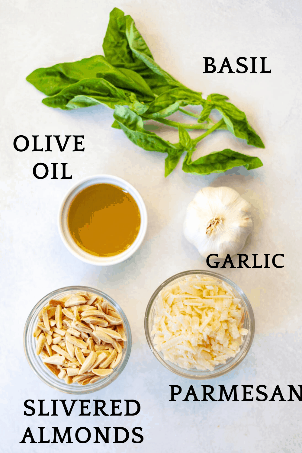 ingredients for making almond pesto, including slivered almonds, parmesan, garlic, olive oil and basil leaves