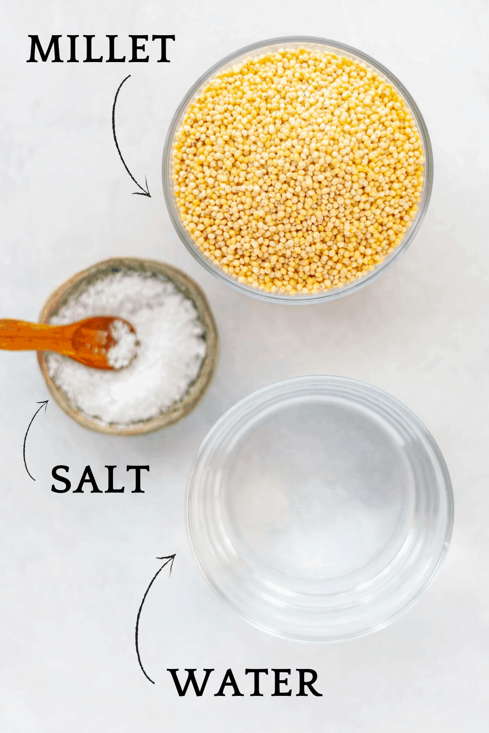 small bowls of water, millet and salt