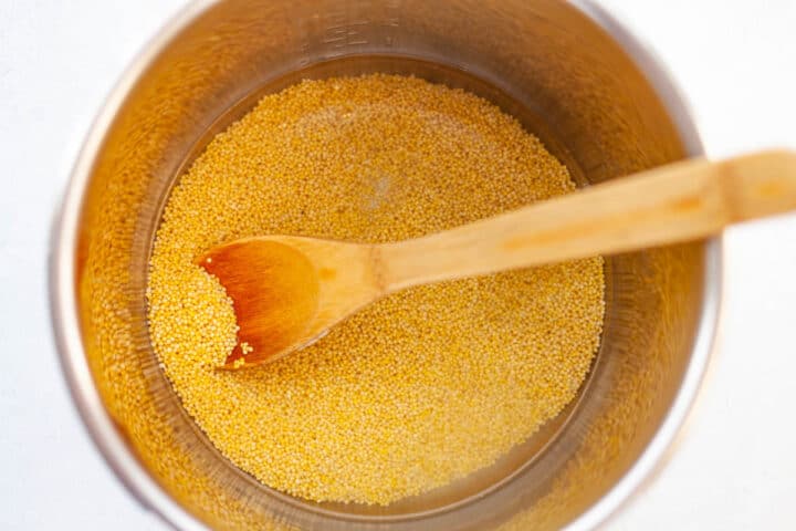 raw millet and water in a pressure cooker