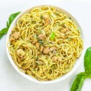 bowl of spaghetti with canned tuna and pesto