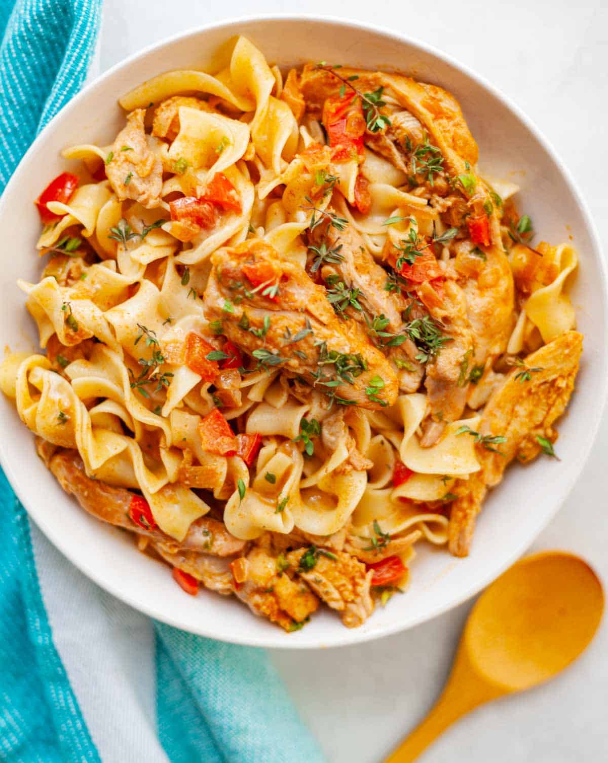 creamy chicken paprika in a bowl over egg noodles