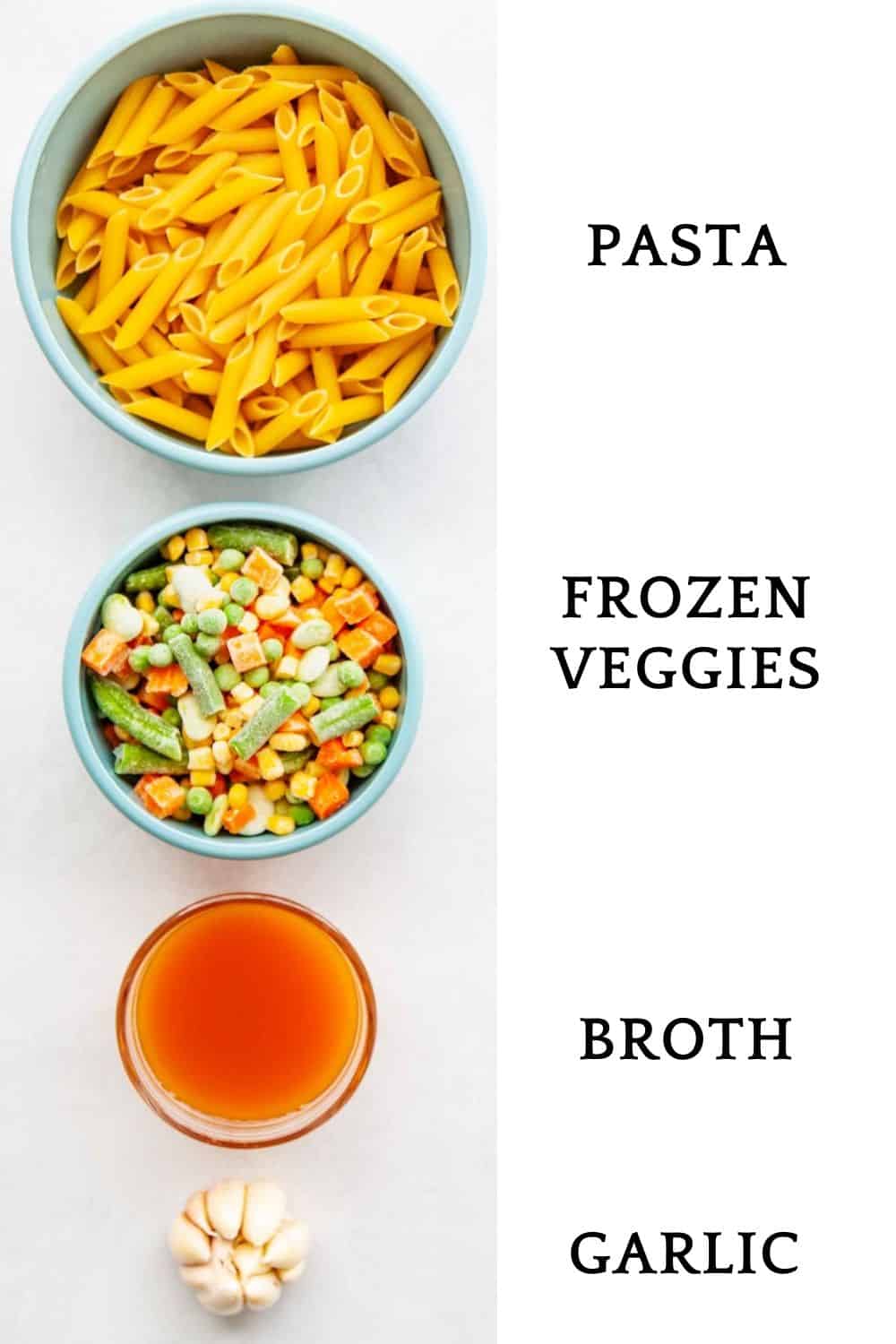 ingredients for frozen veggie pasta: dried pasta, frozen veggies, broth and garlic
