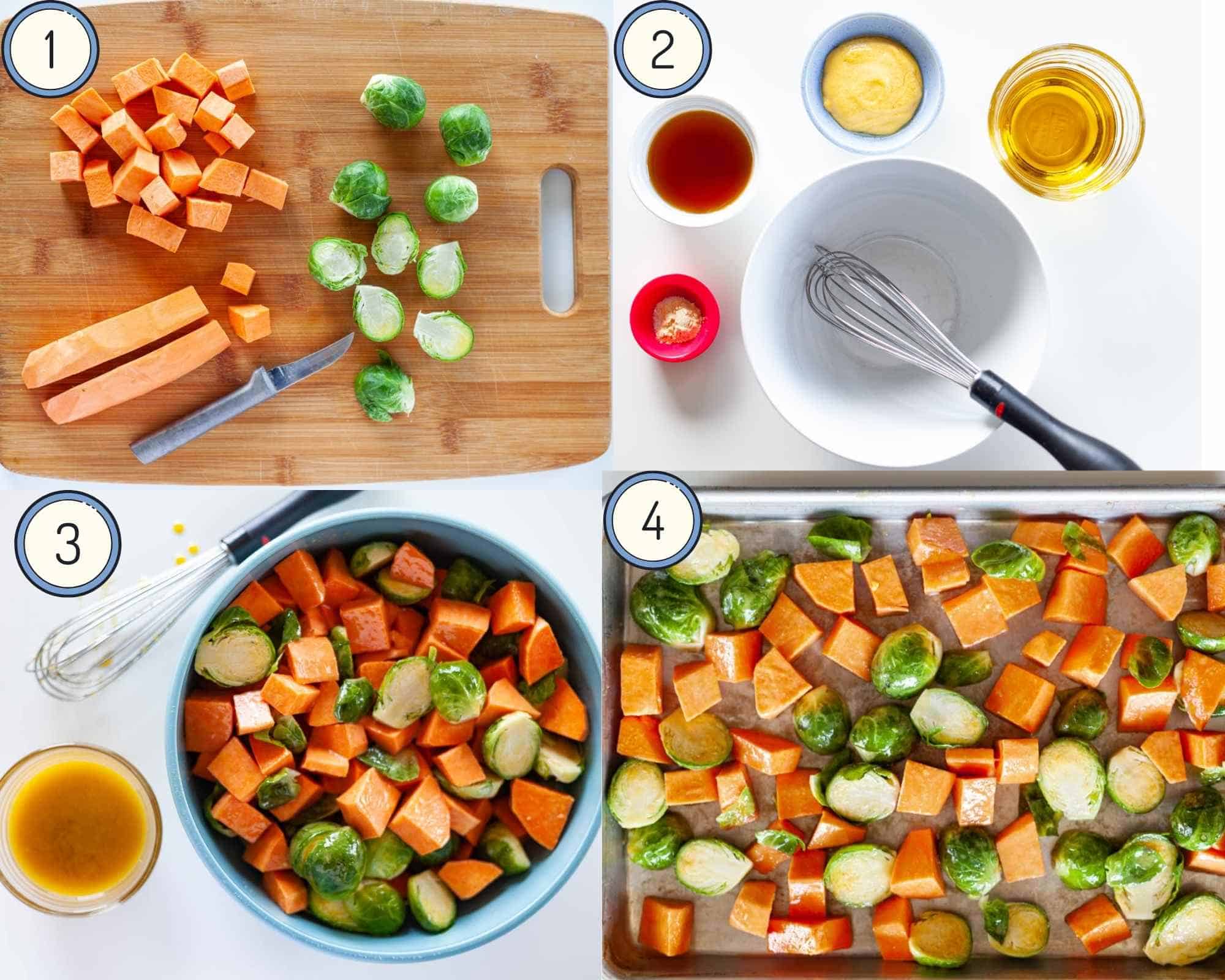step-by-step instructions for roasting maple dijon roasted Brussels sprouts and sweet potatoes