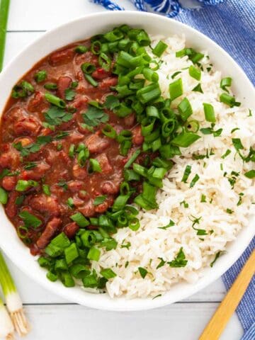 bowl of stewed red beans and white rice