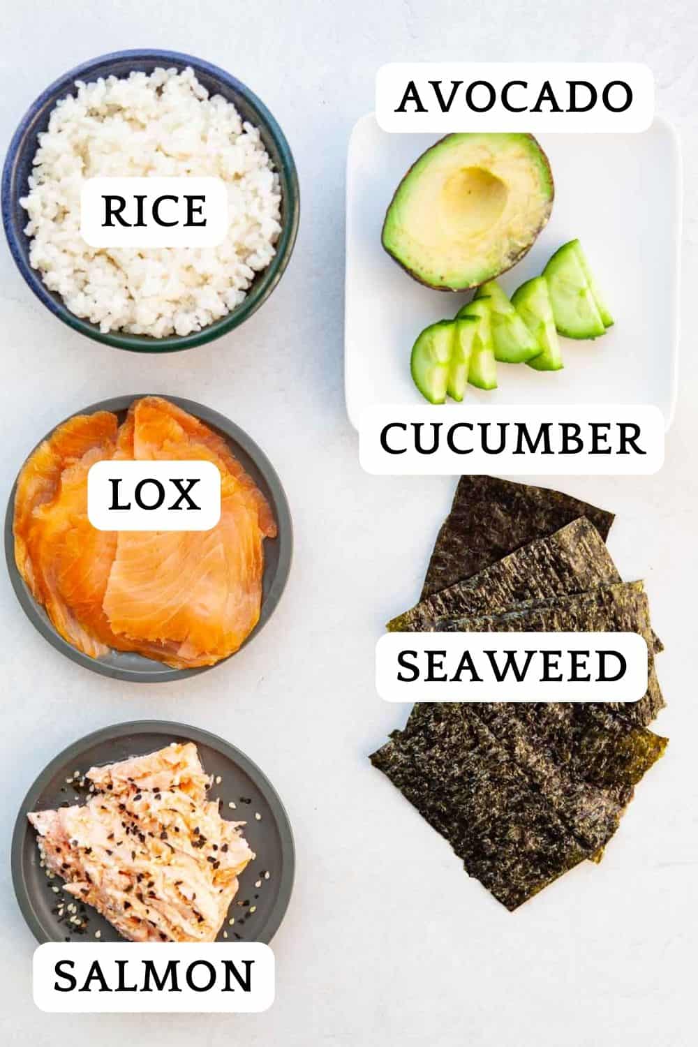 ingredients for salmon sushi rice bowls