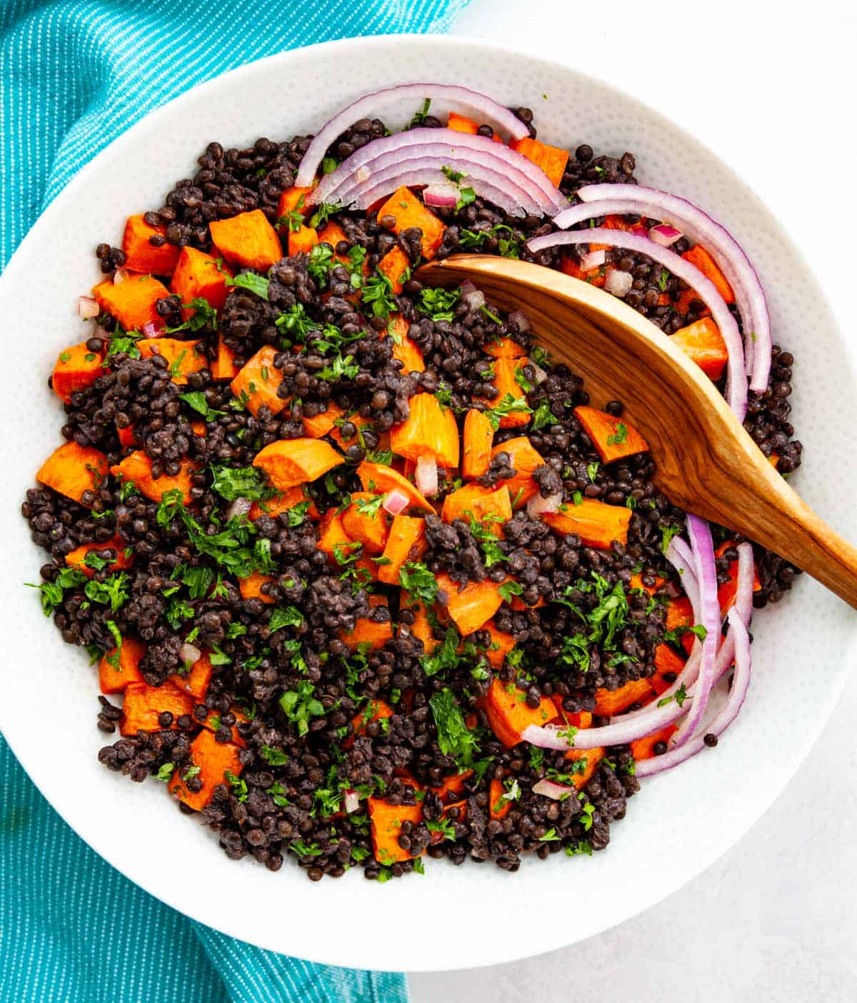 serving bowl of beluga black lentils with cubed sweet potato, parsley and red onion