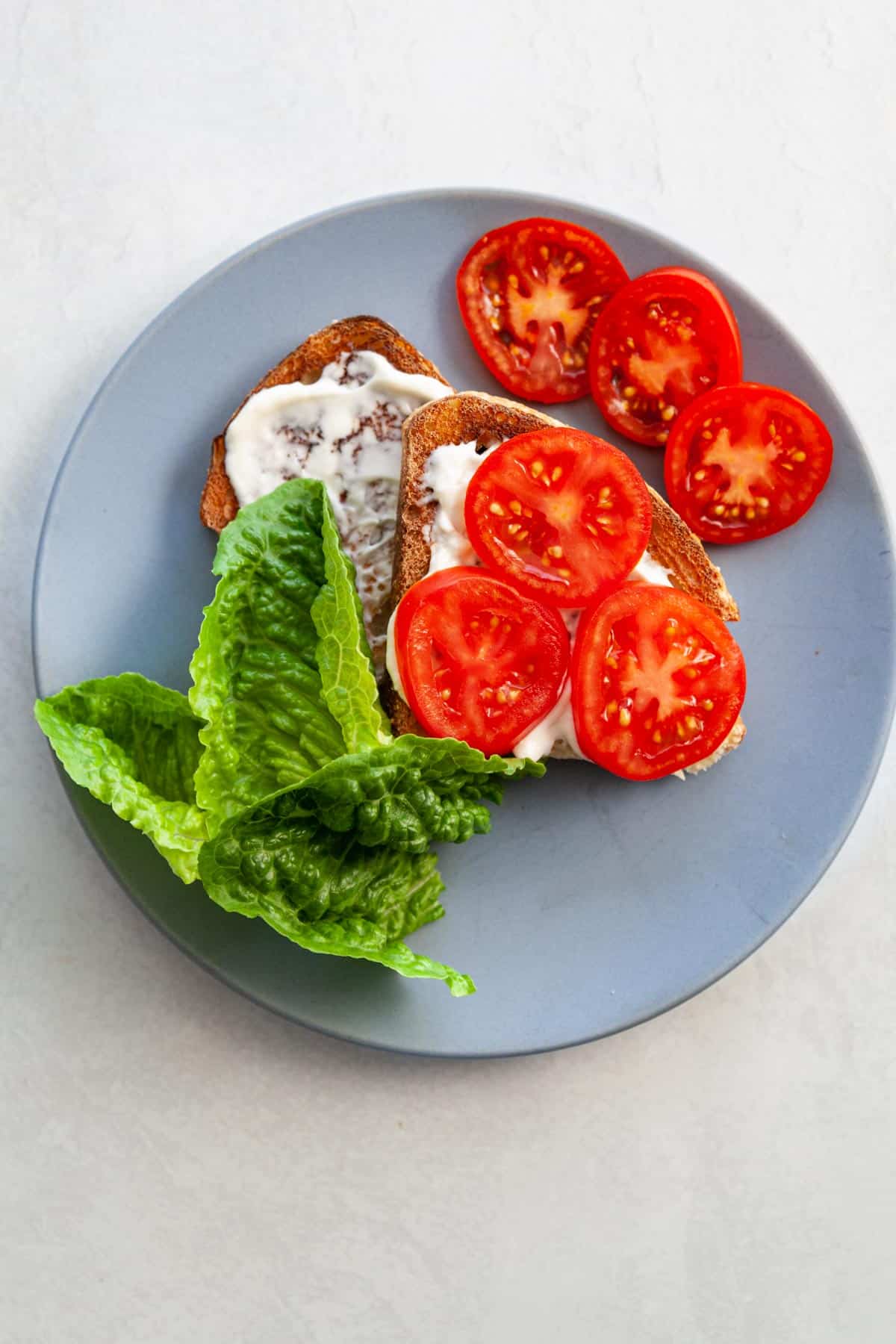 lettuce and tomato slices on bread with mayonnaise