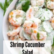 a bowl of shrimp and salad cucumber in creamy dressing
