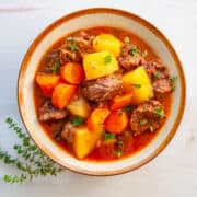 a bowl of beef stew made in an Instant Pot