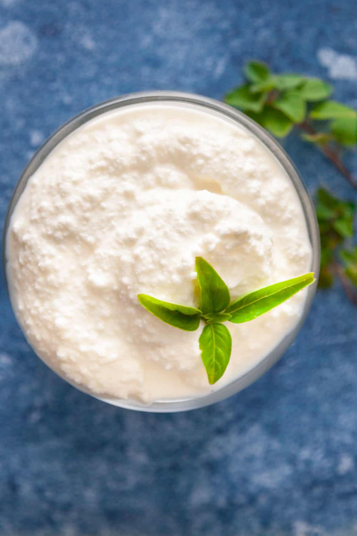 A small bowl of fresh ricotta cheese garnished with a basil leaf.