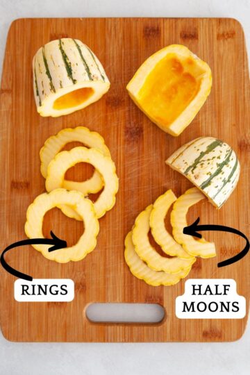Delicata squash sliced into rings and half moons.