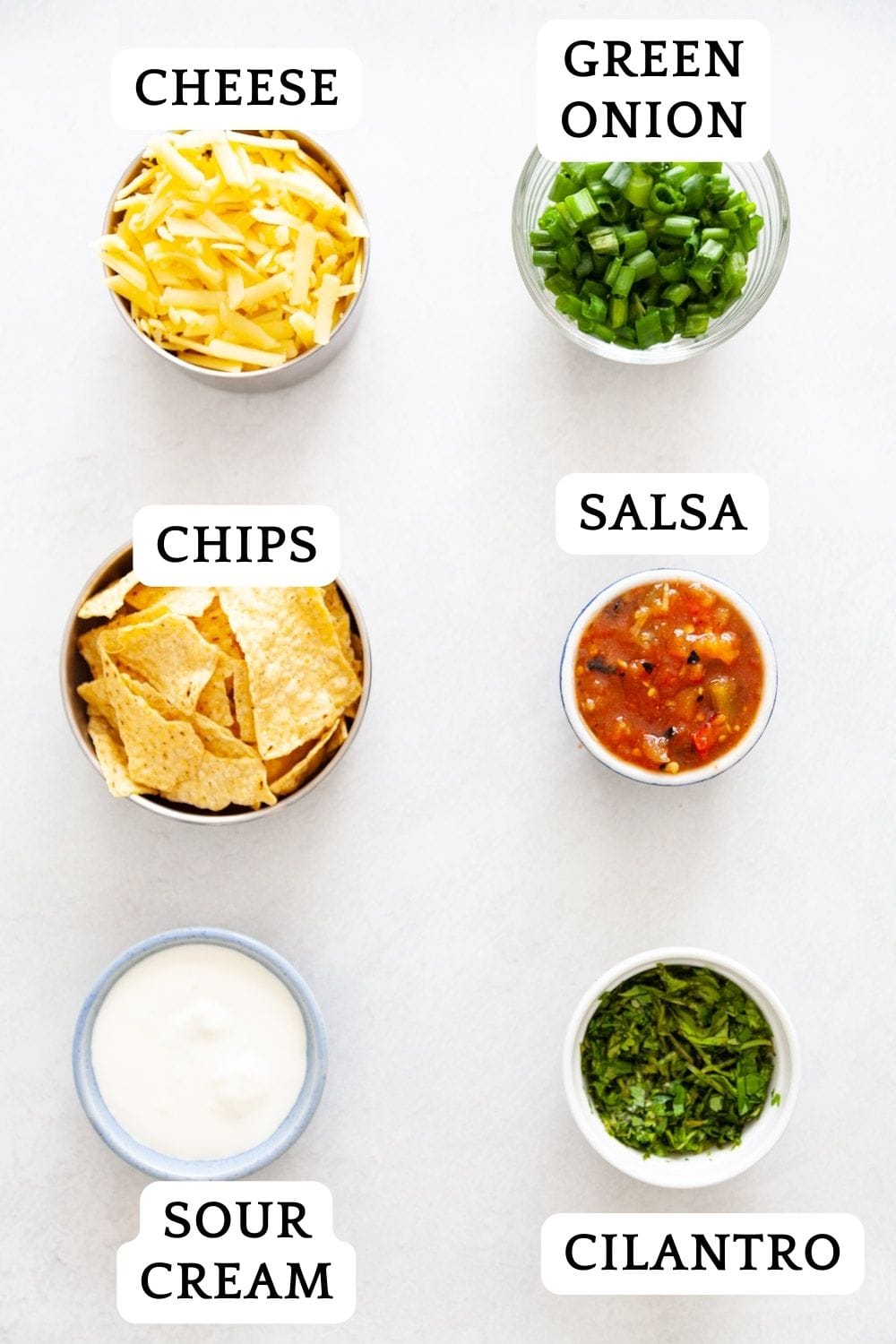 Labeled toppings for this recipe, including grated cheese, green onion, chips, sour cream, salsa and cilantro.