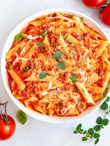 A bowl of chicken penne pasta with cheese.