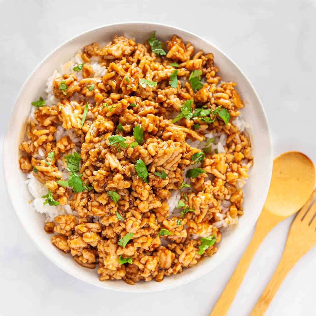 A bowl of ground turkey over white rice. 