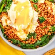 A bowl of barley, eggs and spinach.