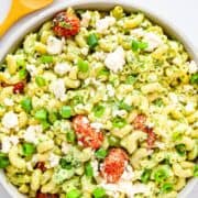 Cold pasta salad with Greek yogurt dressing.