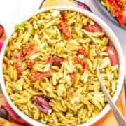 Pesto pasta salad with orzo.
